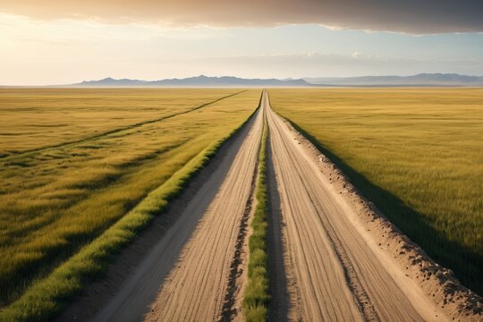 dirt road in a field with a lone horse on it