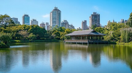 Fototapeta premium Japanese Garden Serenity: Urban Oasis