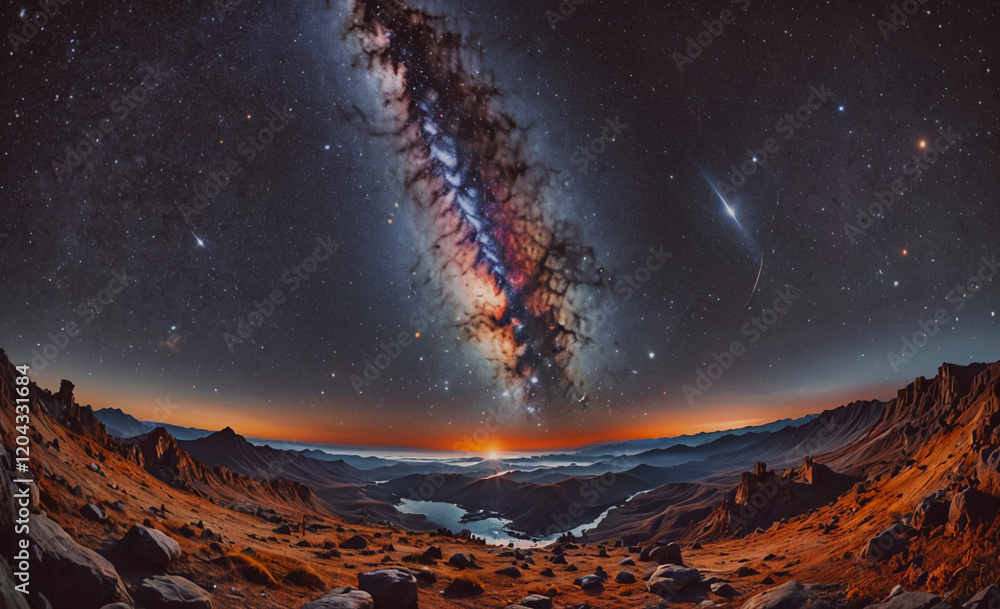 Poster a beautiful night sky with a large, glowing cloud of gas and dust. the sky is filled with stars and 
