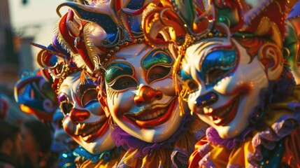 carnival of Venice, laughing clowns in masks and bright colorful costumes, costumed performance, traditional street festival, circus and theater artist