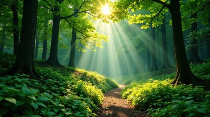 Sunlit Path Through a Verdant Forest, Illuminated by Beams of Light Piercing the Canopy, Creating a Mystical and Serene Atmosphere
