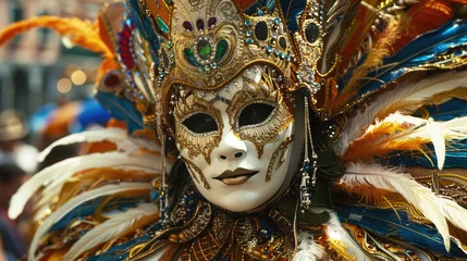 portrait of a woman at the Venetian carnival in a golden mask and a clown costume, costumed performance, traditional street festival, circus and theater performer