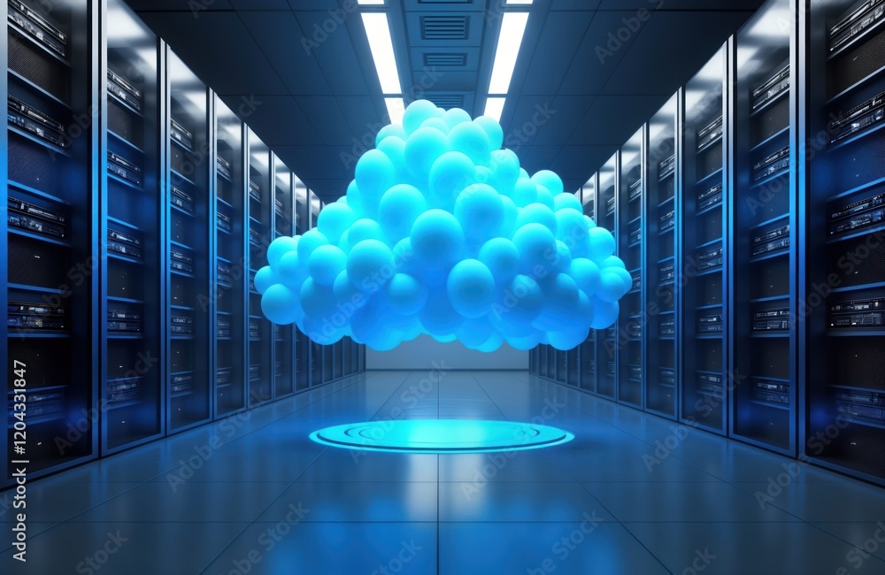 Poster futuristic data center shows glowing blue cloud. modern tech hub with servers. artificial intelligen