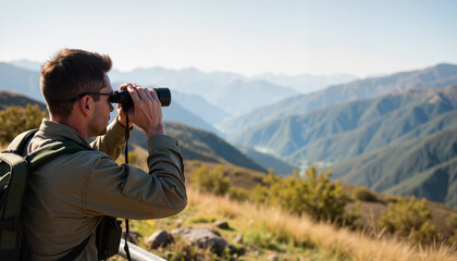 Obraz premium French soldier observing mountains with binoculars, strategic vigilance