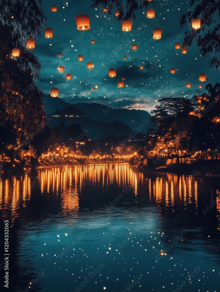 Poster nighttime festival illuminates lake with floating lanterns and starry sky in tranquil landscape. gen