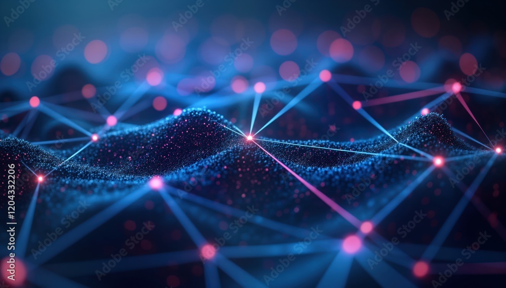 Aufkleber Abstract futuristic network illustration. Neon lines connect dots. Wave patterns. Dynamic tech background. AI neural connections. Cyberpunk style. Digital. Data flow. Modern. Connections form complex