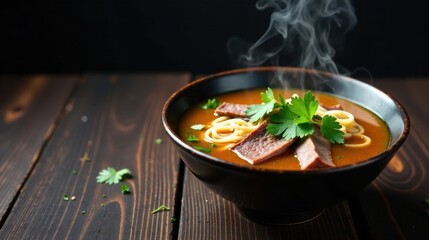 Aromatic Steaming Bowl of Savory Noodle Soup with Tender Sliced Meat and Fresh Herbs on Rustic Wooden Table