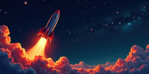 Naklejka premium A Retro Rocket Ascends Through Vibrant Clouds and a Starry Night Sky, Embarking on a Journey into the Vast Expanse of Space