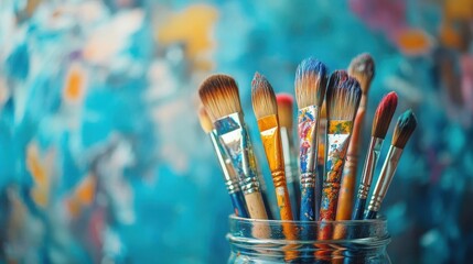 Paintbrushes in jar, close-up of colorful paintbrush tips in a glass jar, artistic studio setting