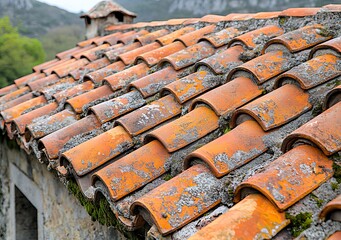 Close-up image of weathered orange and blue roof tiles, highlighting their unique texture and celebrating the aesthetic of aged surfaces
