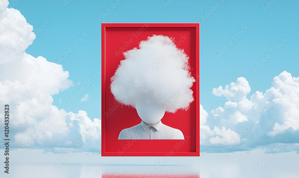Poster cloud-inspired figure within a vivid red frame, embodying a surreal blend of whimsy and abstraction,