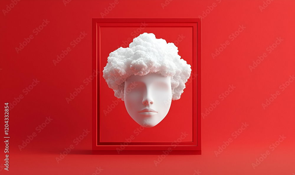 Poster cloud figure within a vibrant red box, set against a clear backdrop, creating a striking visual cont