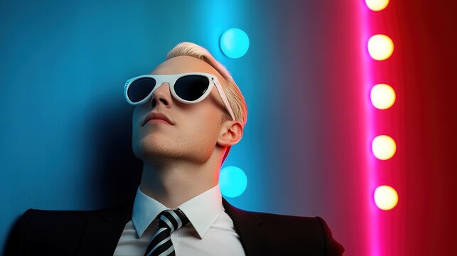futuristic theme businessman with glowing neon light background, online business and technology adaptation advantage concept