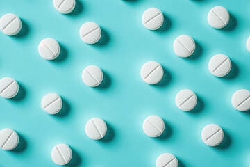 Many different pills on blue background