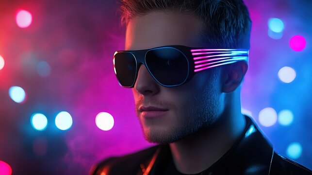 futuristic theme businessman wearing neon glasses with glowing light background, online business and technology adaptation advantage concept