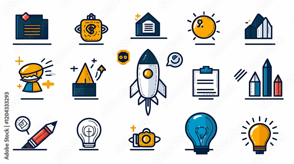 Poster line style icons collection, a diverse array of minimalist icons showcasing various themes and conce