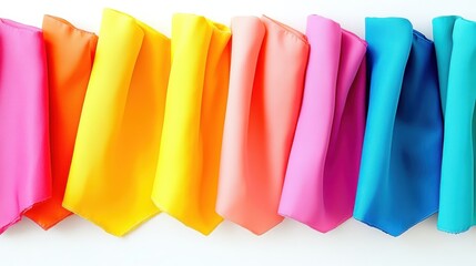 Naklejka premium colorful fabric rolls, vibrant textile display, rainbow spectrum, folded cloth, soft materials, saturated hues, textured fabrics, art supply arrangement, fashion design materials, gradient color palet