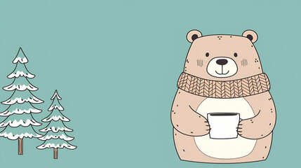 Charming bear in a cozy scarf amidst a vibrant forest, evoking warmth and whimsy in a serene woodland setting.