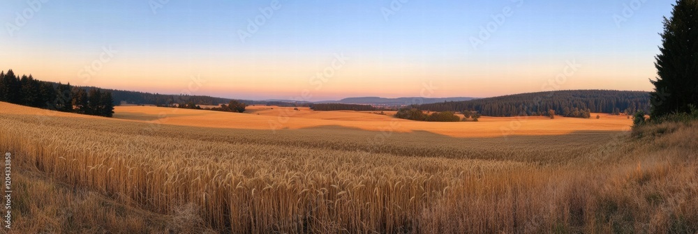 Poster Expansive golden fields at sunset with distant mountains and forest in a serene landscape. Generative AI