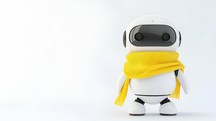 Fototapeta premium Charming robot adorned with a cozy scarf against a crisp white backdrop, exuding warmth and playful character.