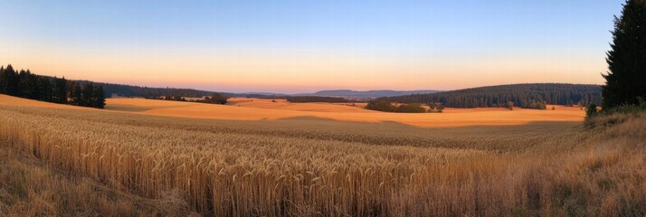 Expansive golden fields at sunset with distant mountains and forest in a serene landscape. Generative AI