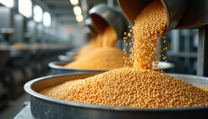 Millet grains flow from machine into container in modern food processing factory. Industrial equipment processes millet for food production. Modern tech, grain agriculture in action. Food industry