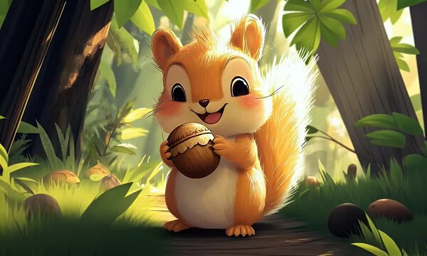 Happy squirrel holding nut in sun-dappled forest