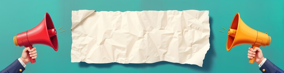 Obraz premium Hands hold megaphones. Empty wrinkled paper sheet between. Modern graphic design style. Concept of communication. Contemporary art style. Digital art poster design. Potential topics social media,
