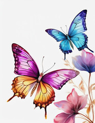 Watercolor of Butterfies above Flowers AI
