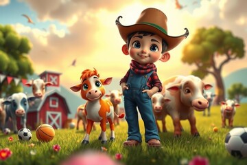 Obraz premium arafed image of a boy in a cowboy hat standing in a field with farm animals