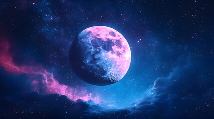 Fototapeta premium A vibrant aurora dancing over the surface of a faraway moon, with stars sparkling above, during a serene cosmic night