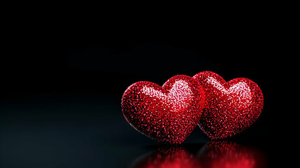 Dark ambiance, two shimmering red glitter hearts, contrasting with shadowy background, evokes a sense of love and mystery.