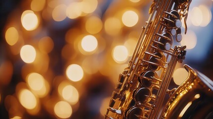 Obraz premium Saxophone in jazz band, close-up of brass saxophone gleaming under stage lights