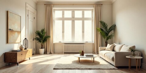 Sunlight Illuminates a Serene Living Room Featuring Neutral Tones and Minimalist Decor, Highlighting a Comfortable Sofa and Stylish Wooden Furniture