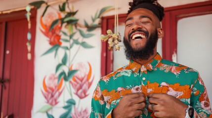 Obraz premium A cheerful Black man dressed in a colorful shirt expresses joy while standing amidst wildlife-themed decor