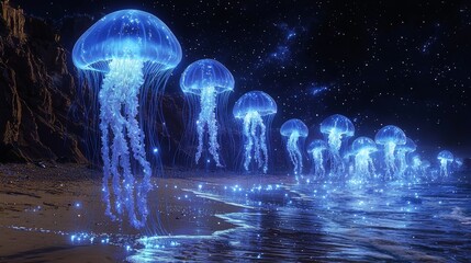 Jellyfish light up the night beside the ocean shore
