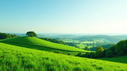 Obraz premium Serene Pastoral Landscape Featuring Rolling Green Hills, Lush Meadows, and a Solitary Tree on a Gentle Slope Under a Clear Sky