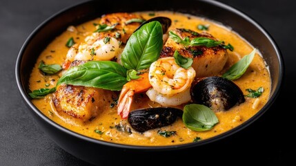 Creamy Seafood Stew, garnished with basil, served in a black bowl on dark surface. Perfect for restaurant menus or food blogs