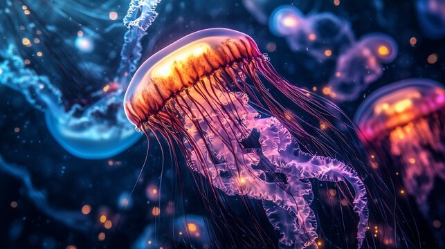 A Mysterious Encounter: Jellyfish Robot vs. Alien Light Beings Underwater