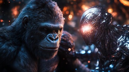 Mechanized Gorilla in a Fierce Confrontation with a Shimmering Alien Form