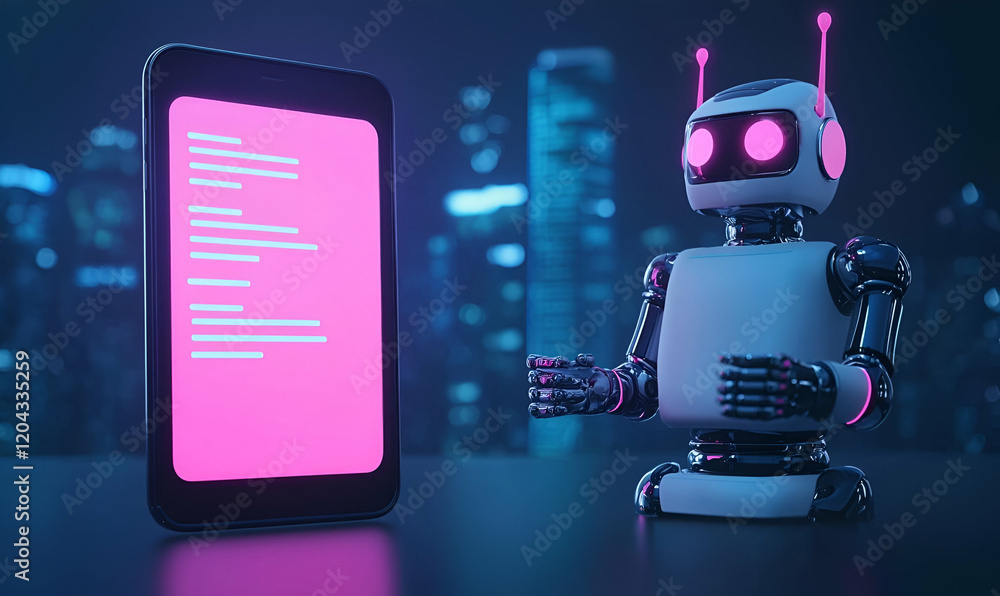 Poster digital interaction, a vibrant display of a chatbot conversation overlaying a sleek user interface, 