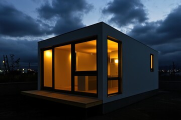 A contemporary minimalistic house radiates a warm glow, standing out against a deepening twilight sky in an industrial neighborhood