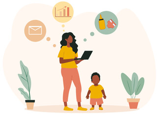 Mom balancing remote work while caring for young child during maternity leave