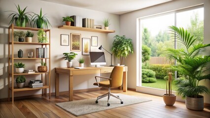 Modern home office: wooden desk, calming plants, minimalist decor, cozy workspace.