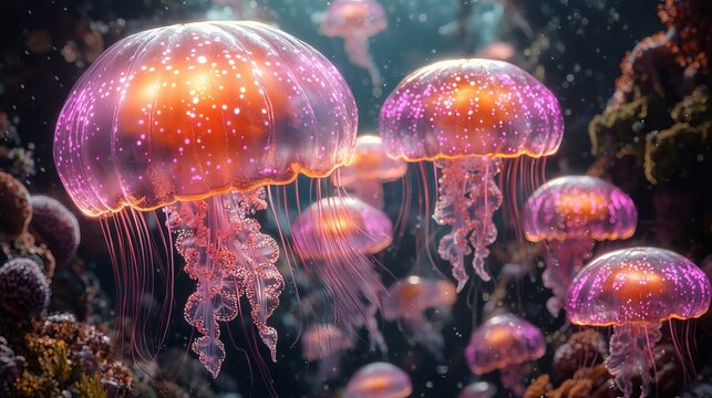 Diver swims among glowing jellyfish in a vibrant underwater landscape