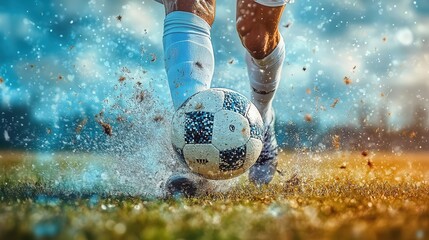 Soccer player kicking ball, close-up of foot connecting with the ball, motion blur in action