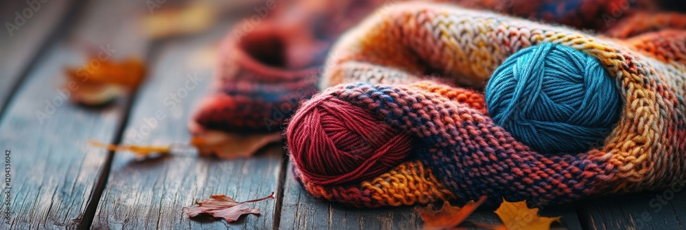 Poster cozy yarn and leaves arranged on a wooden surface during autumn afternoons embracing warmth and crea