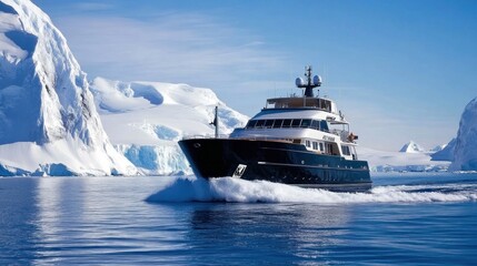 Motor boat cruising through Antarctica --