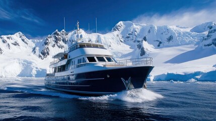 Motor boat cruising through Antarctica