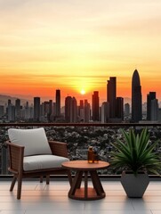 Cityscape Sunrise Balcony Scene - Relaxing scene of a balcony with modern furniture overlooking a city skyline at sunrise.